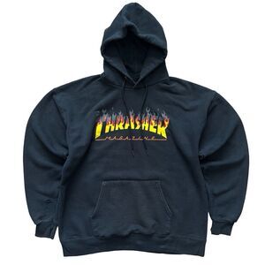 Thrasher Flame Logo Hoodie Black San Francisco Skate Mag Graphic Sz M Distressed